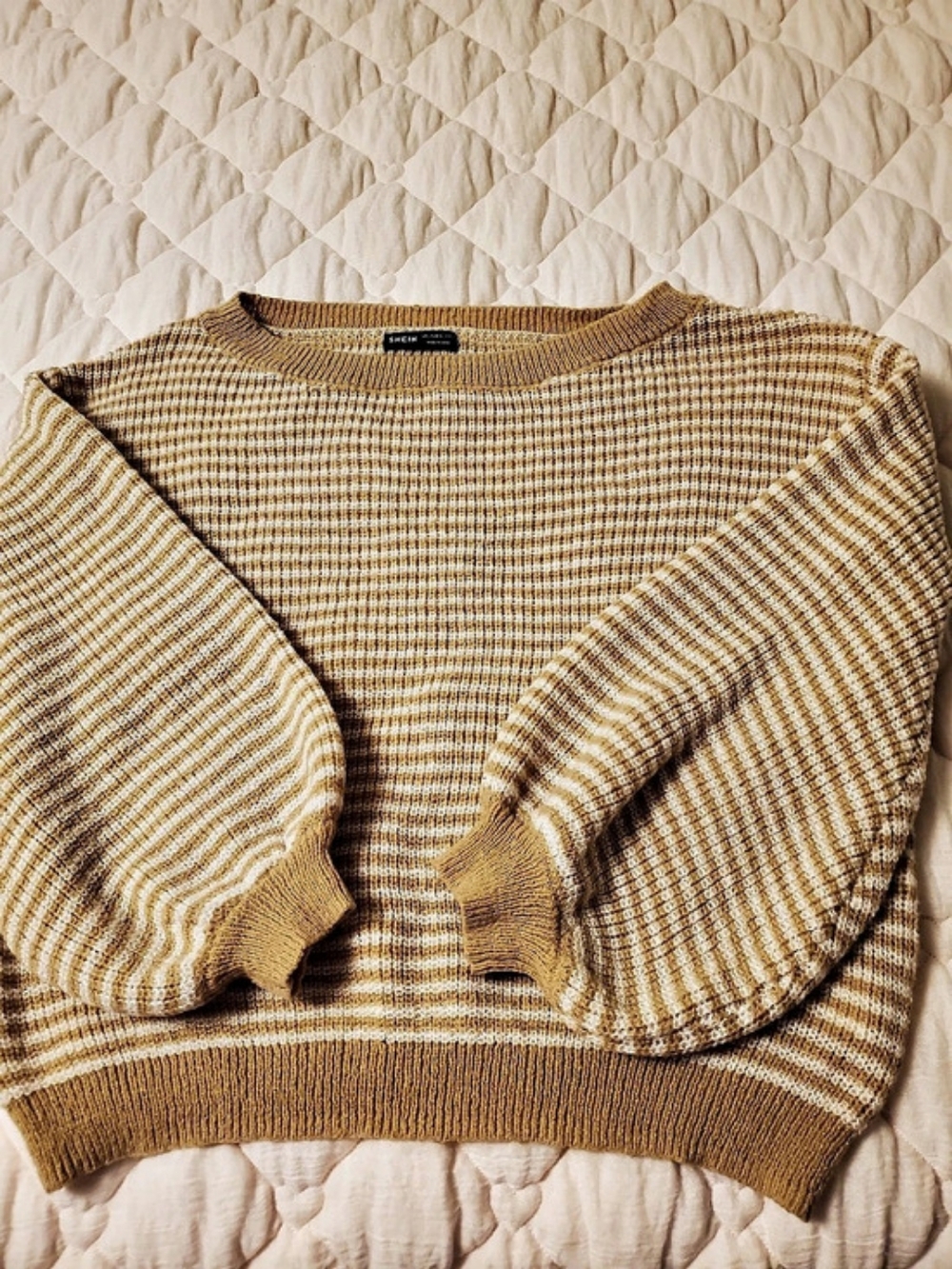 SHEIN Striped Crew Neck Sweater in Brown & White Size L Like New
